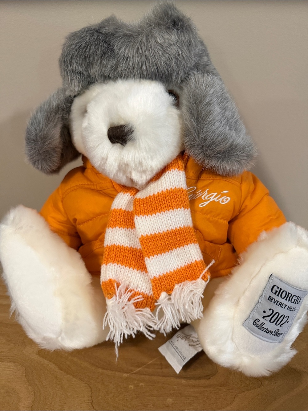 Giorgio Beverly Hills 2002 Bear with Grey Hat and Striped Scarf - Collectable